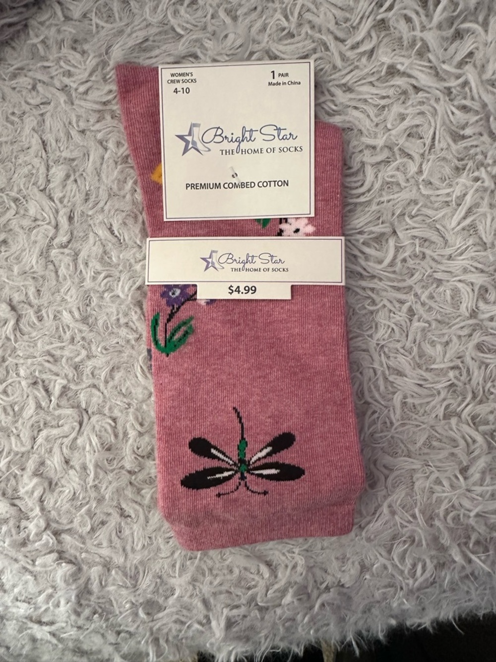 Women's Pink Crew Socks with Dragonfly Accent